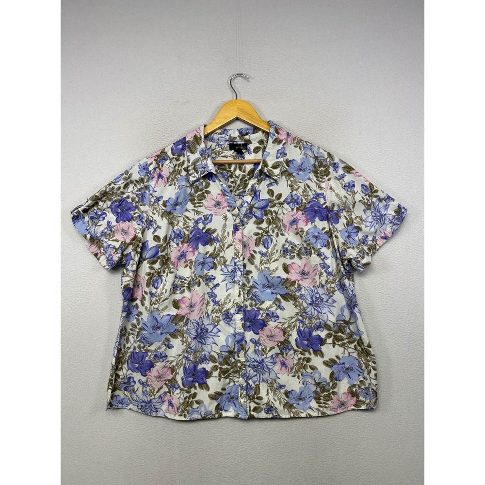Cottagecore Erika Women 2X White Blue Pink Floral Short Sleeve Button Down Shirt